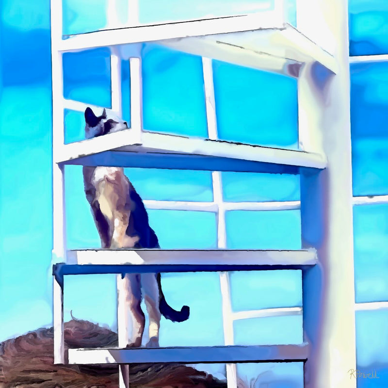 Painting of a cat standing on a white modern staircase, looking up toward the sky, with bright blue glass windows in the background.The following images show the same artwork displayed in different interior settings.