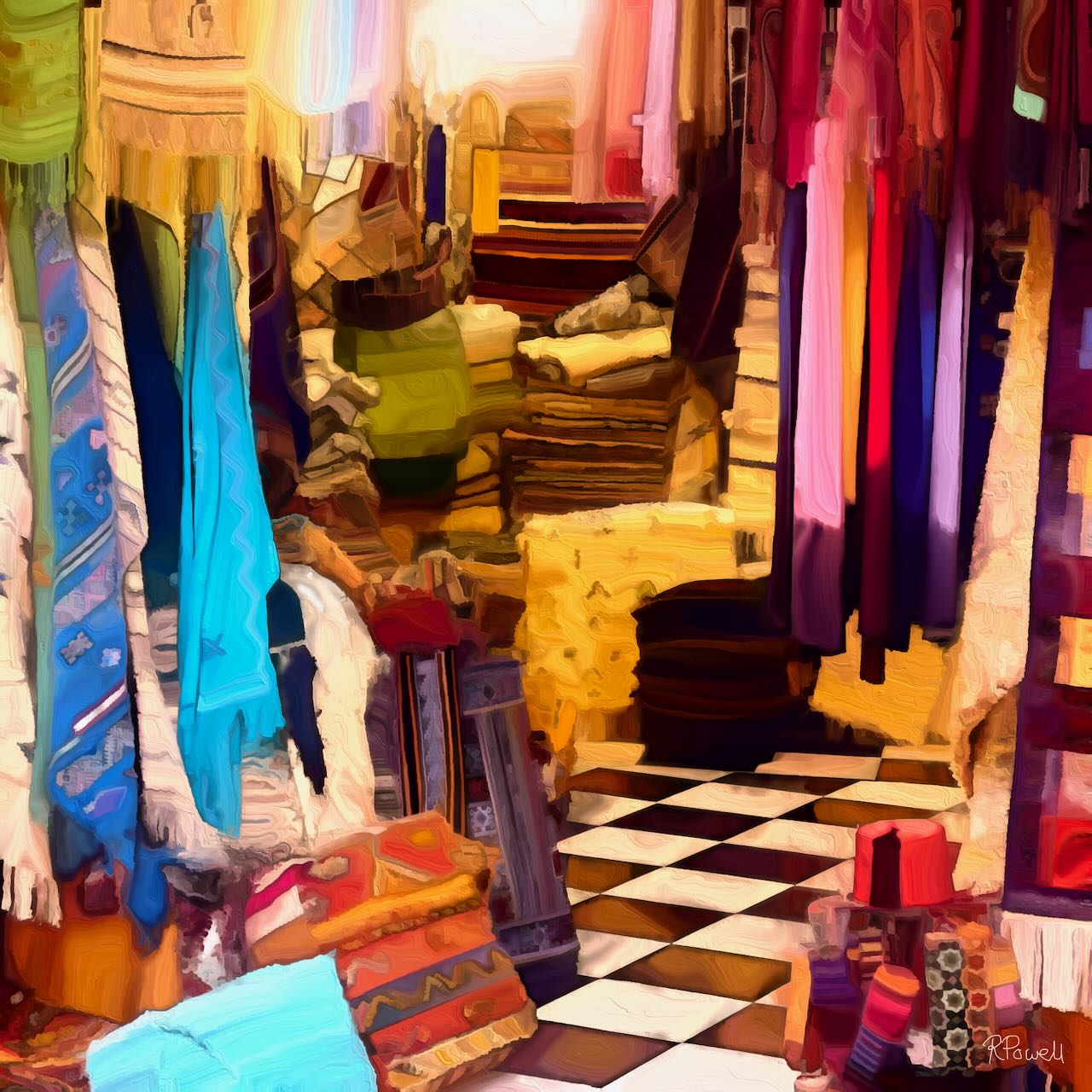 Painting of a Moroccan rug shop with stacked carpets, hanging fabrics in rich colors, and a checkered tile floor leading to glowing light in the back.The following images show the same artwork displayed in different interior settings.