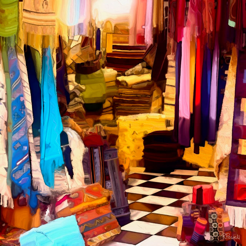 Painting of a Moroccan rug shop with stacked carpets, hanging fabrics in rich colors, and a checkered tile floor leading to glowing light in the back.The following images show the same artwork displayed in different interior settings.