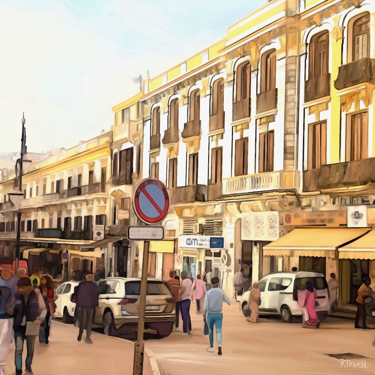 Painting of a busy Moroccan city street with white buildings, people walking, and cars lining the street in afternoon light. The following images show the same artwork displayed in different interior settings.