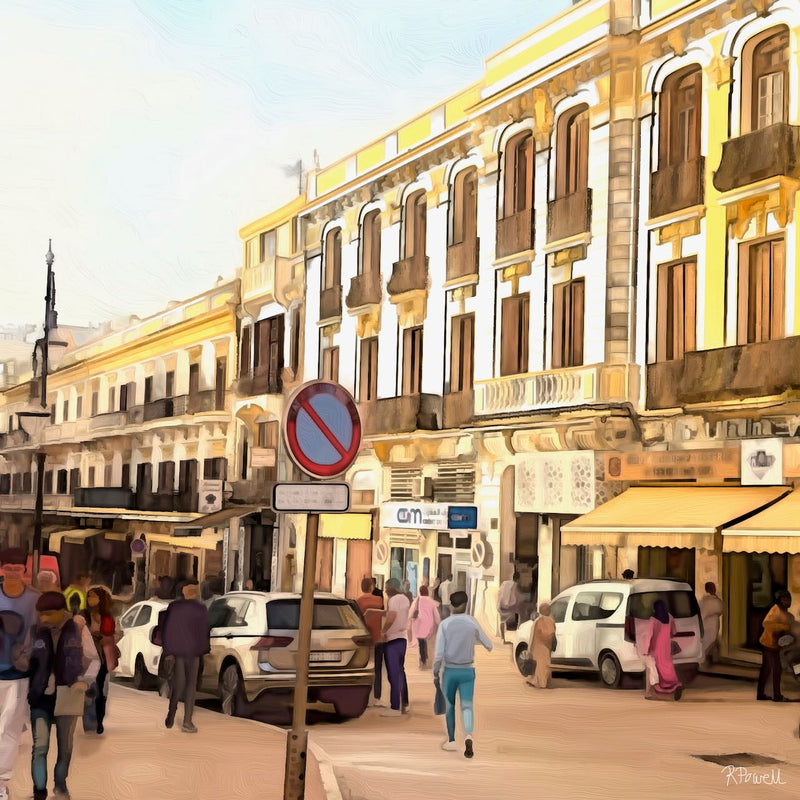 Painting of a busy Moroccan city street with white buildings, people walking, and cars lining the street in afternoon light. The following images show the same artwork displayed in different interior settings.