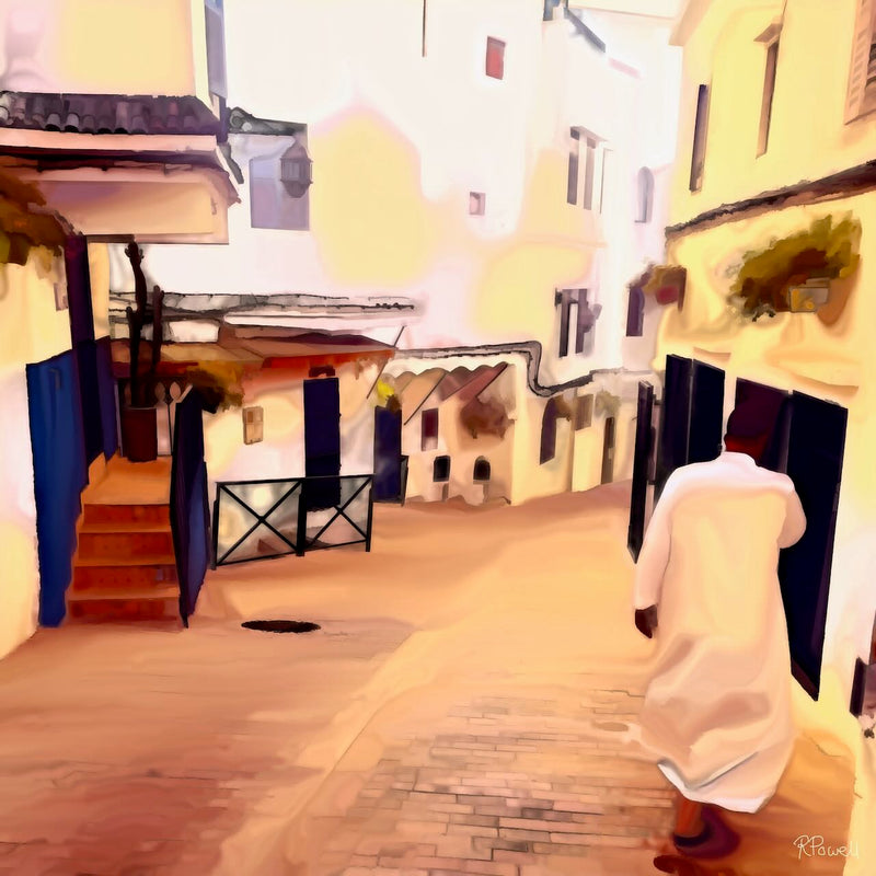 Painting of a man in white walking down a curved alley in a Moroccan medina, surrounded by cream walls and dark blue shutters. The following images show the same artwork displayed in different interior settings.