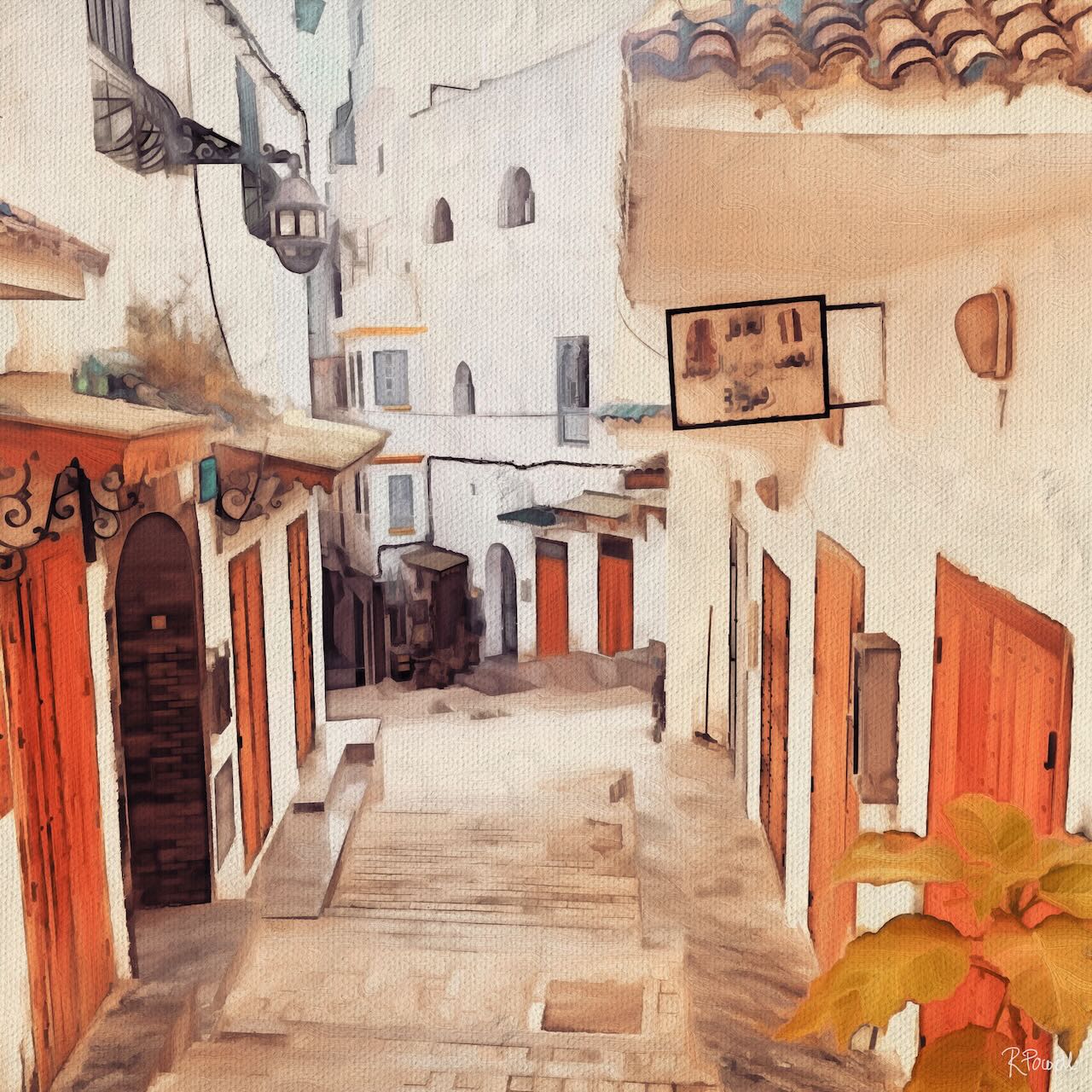 Painting of a quiet Moroccan alley with white buildings, red doors, wrought-iron lanterns, and a sign in Arabic. Sunlight gently brightens the stone street and a leafy plant in the foreground.