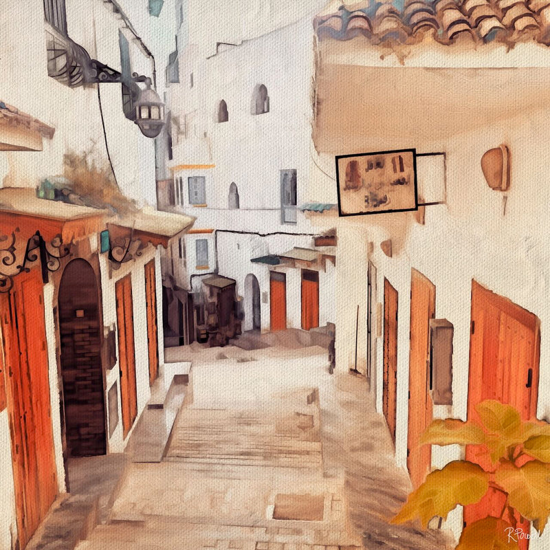 Painting of a quiet Moroccan alley with white buildings, red doors, wrought-iron lanterns, and a sign in Arabic. Sunlight gently brightens the stone street and a leafy plant in the foreground.