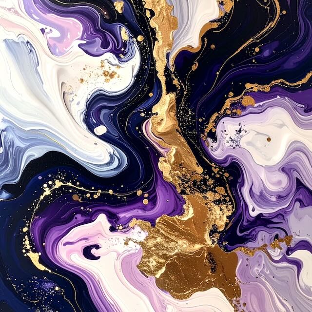 Ocean Spirit by Rosalie Powell, contemporary abstract artwork featuring flowing violet, navy, ivory and gold forms inspired by ocean currents, movement and light.
