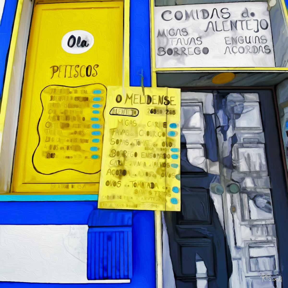 Painting of a Portuguese café window with bright yellow and blue trim, handwritten yellow menus displaying traditional Alentejo dishes like migas, favas, and borrego. A white sign above the door reads “Comidas do Alentejo.” The following images show the same artwork displayed in different interior settings.