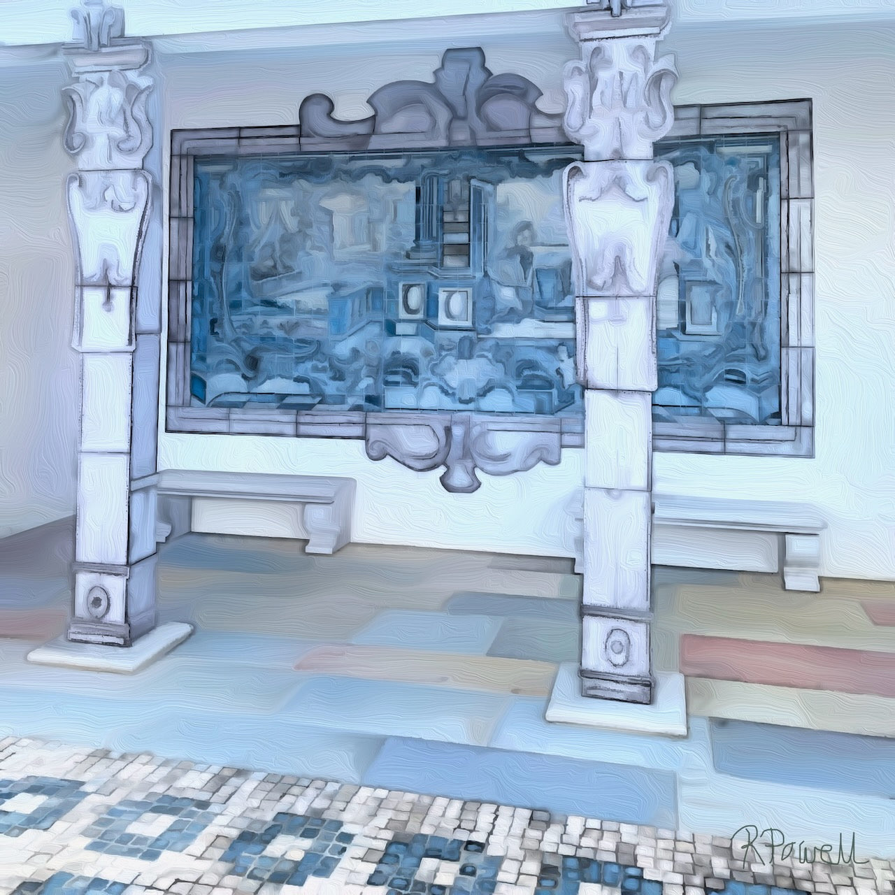 Stylised painting of a Portuguese azulejo tile mural framed by ornate stone columns and benches, with pastel-toned tiled flooring and soft brushstroke textures. The following images show the same artwork displayed in different interior settings.