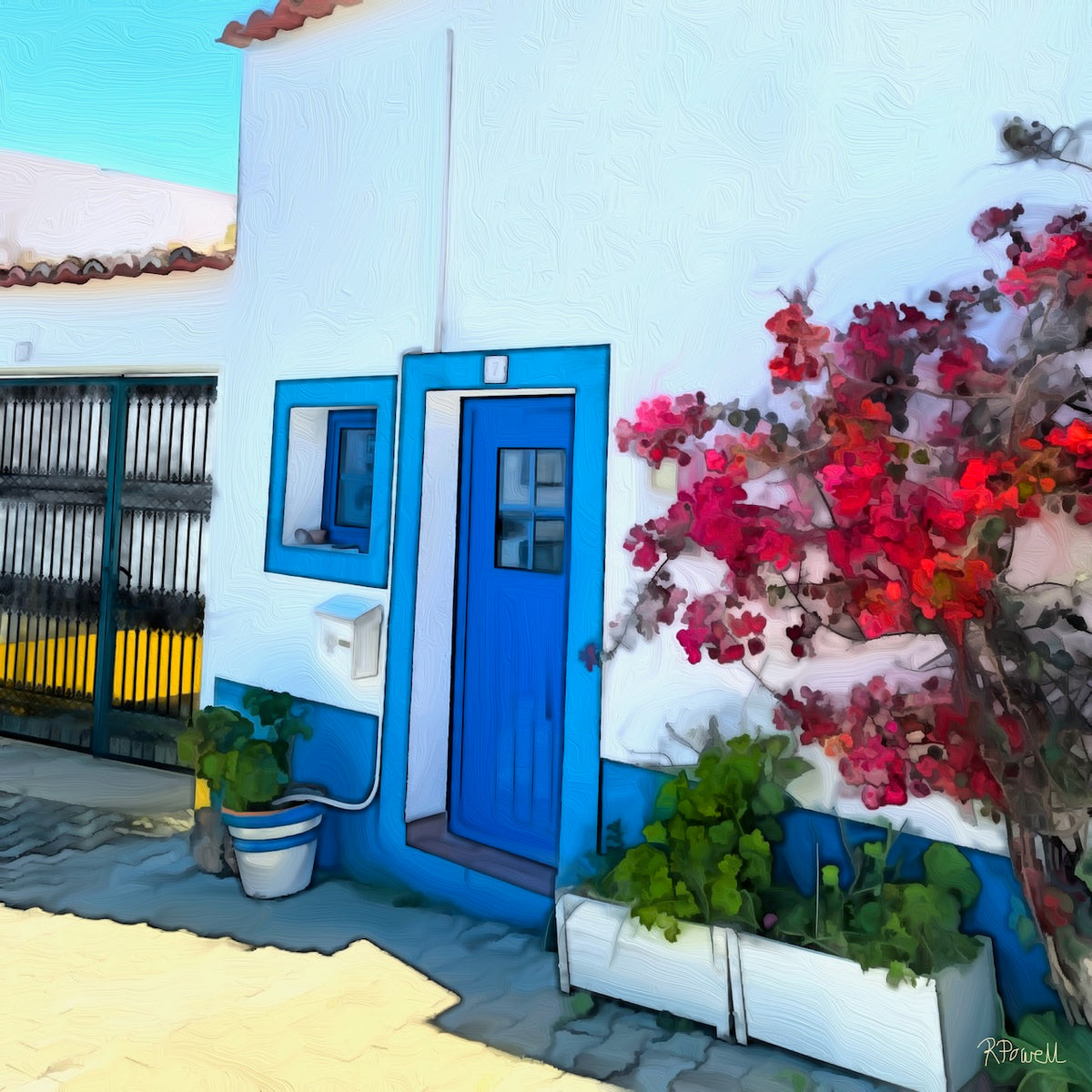 Painting of a small white house with a bright blue door and window frame, blooming red bougainvillea climbing the wall, and potted green plants by the entrance on a sunny Portuguese street. The following images show the same artwork displayed in different interior settings.