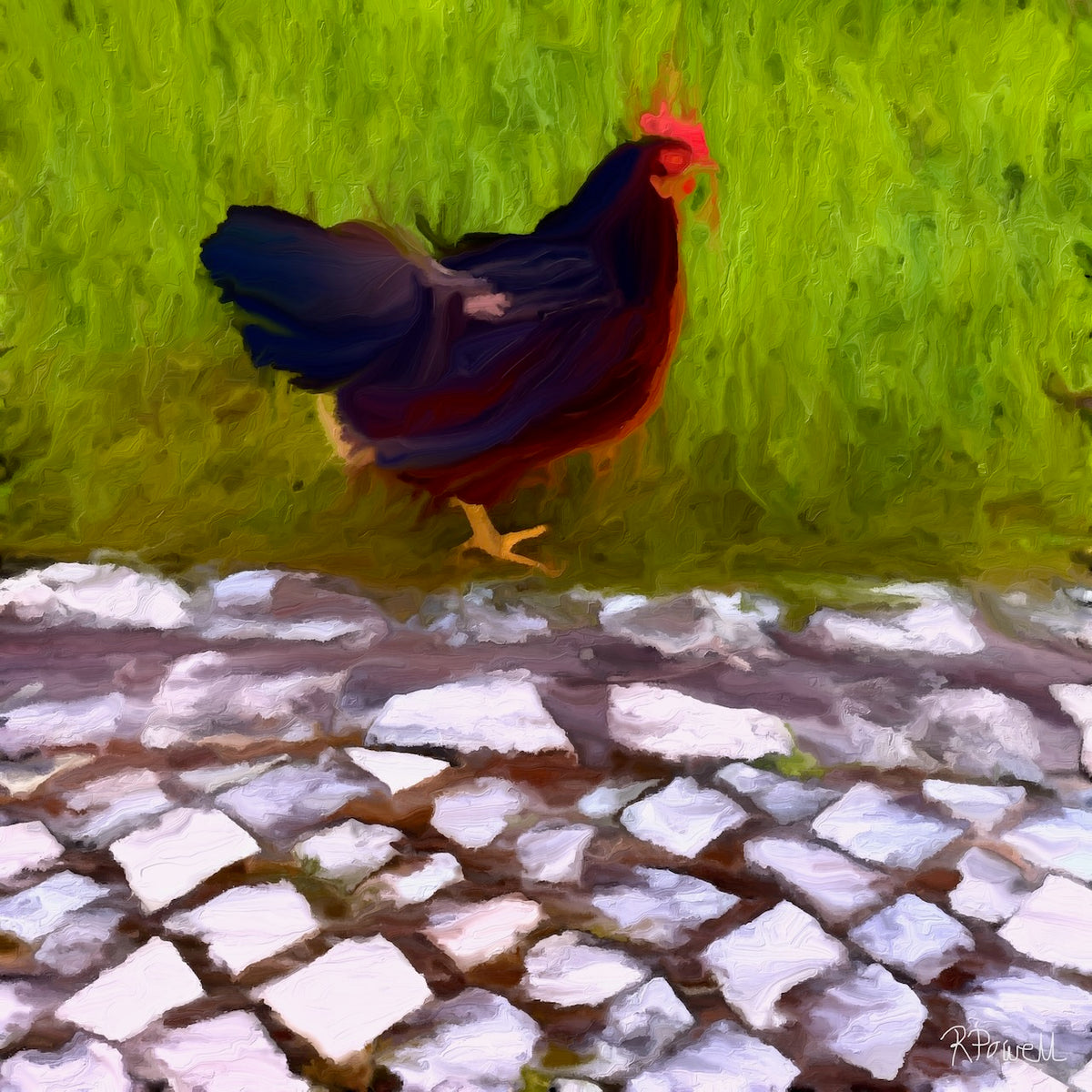 Painting of a chicken walking beside a Portuguese cobblestone path, set against a grassy green backdrop in Comporta, Portugal. The hen’s dark feathers and red comb stand out in vivid contrast. The following images show the same artwork displayed in different interior settings.