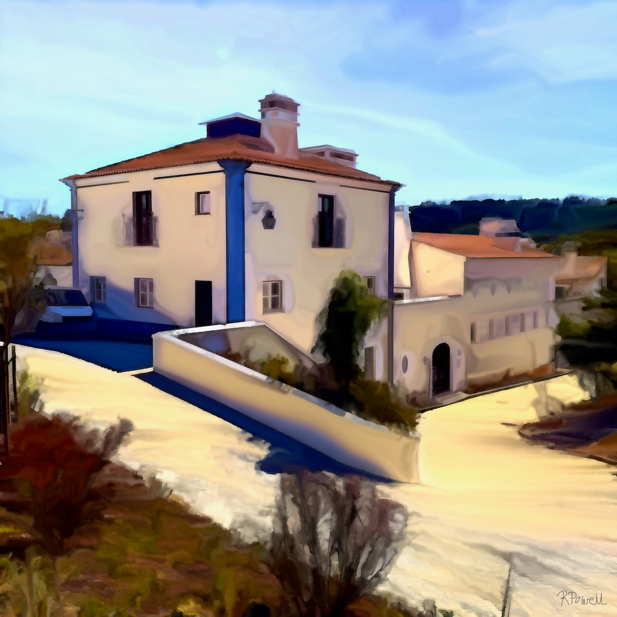 Painting of a sunlit white Portuguese house with terracotta roof and blue trim, set along a curving rural road with long shadows and soft golden afternoon light in Alentejo. The following images show the same artwork displayed in different interior settings.