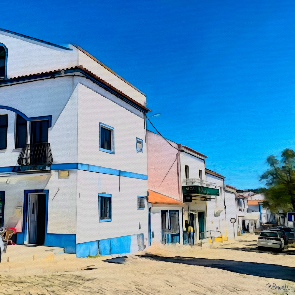 Painting of a sunlit street in Melides, Portugal, with white buildings trimmed in blue, a small café entrance, and a green bank sign in the distance, all beneath a bright blue sky and lined with cobblestones.The following images show the same artwork displayed in different interior settings.