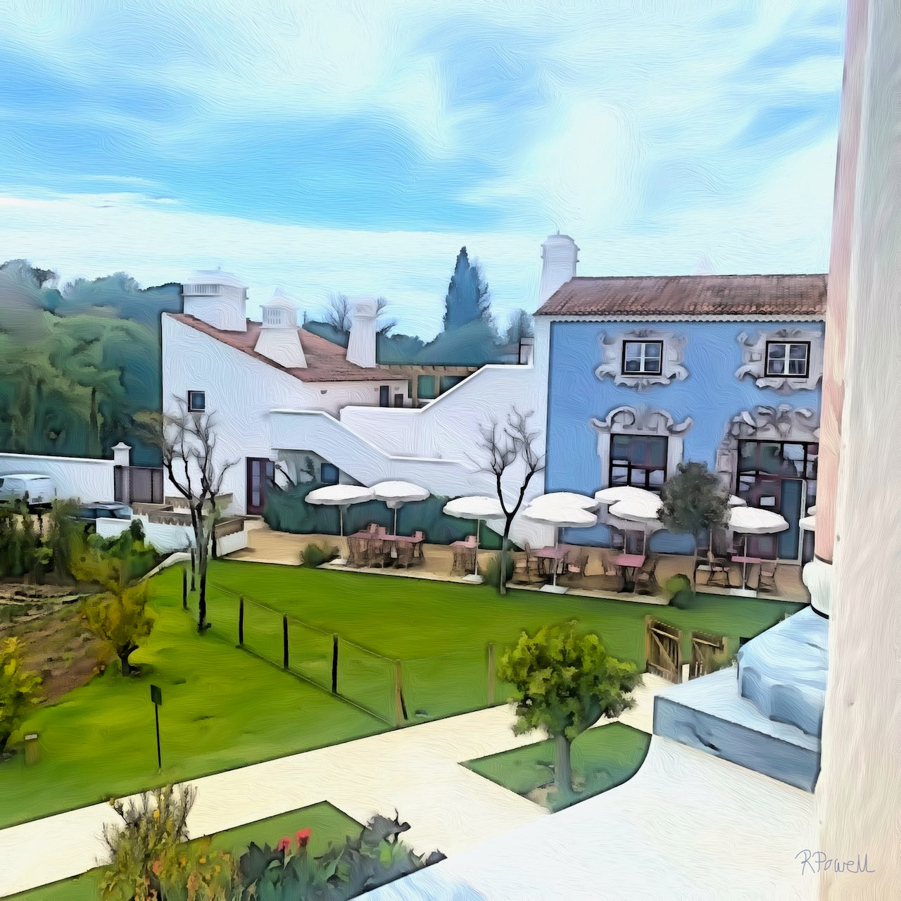 Painterly scene of a Portuguese courtyard with green lawns, white umbrellas, and a pastel blue building with ornate windows, surrounded by trees and gardens under a soft blue sky. Following photos all the same artwork, just shown in different interiors