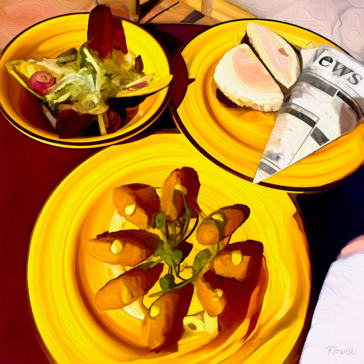 Bright painting of three yellow plates with Portuguese snacks, including fried fish in a newspaper cone, salad with greens and radishes, and croquettes topped with sauce, all set on a richly coloured table. The following images show the same artwork displayed in different interior settings.