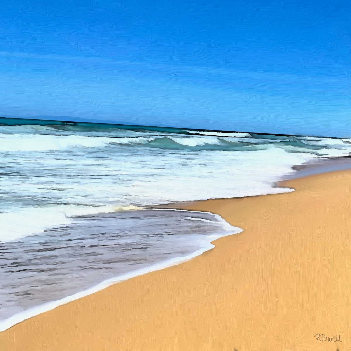 ainting of Praia de Melides in Portugal, showing soft waves from the North Atlantic Ocean rolling onto a golden sandy beach beneath a clear blue sky. Peaceful and minimal seascape. The following images show the same artwork displayed in different interior settings.