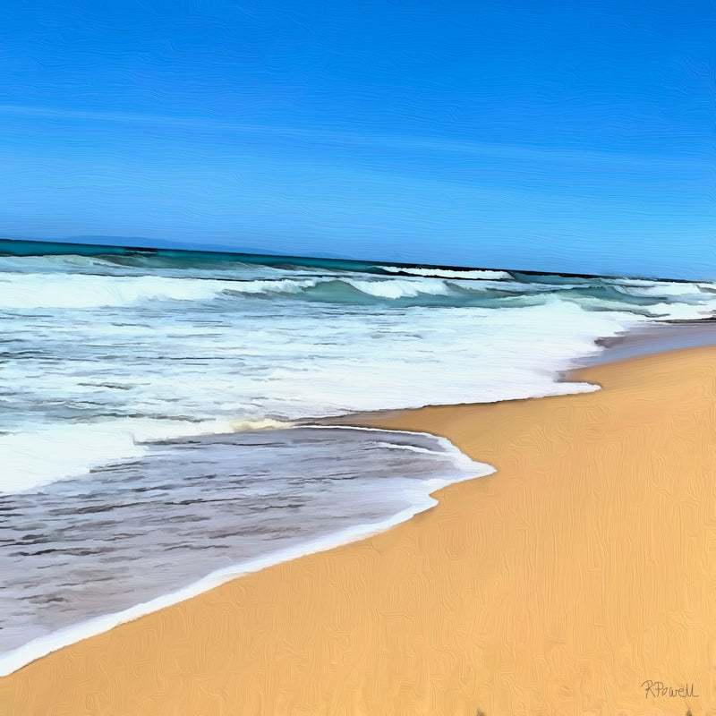 ainting of Praia de Melides in Portugal, showing soft waves from the North Atlantic Ocean rolling onto a golden sandy beach beneath a clear blue sky. Peaceful and minimal seascape. The following images show the same artwork displayed in different interior settings.