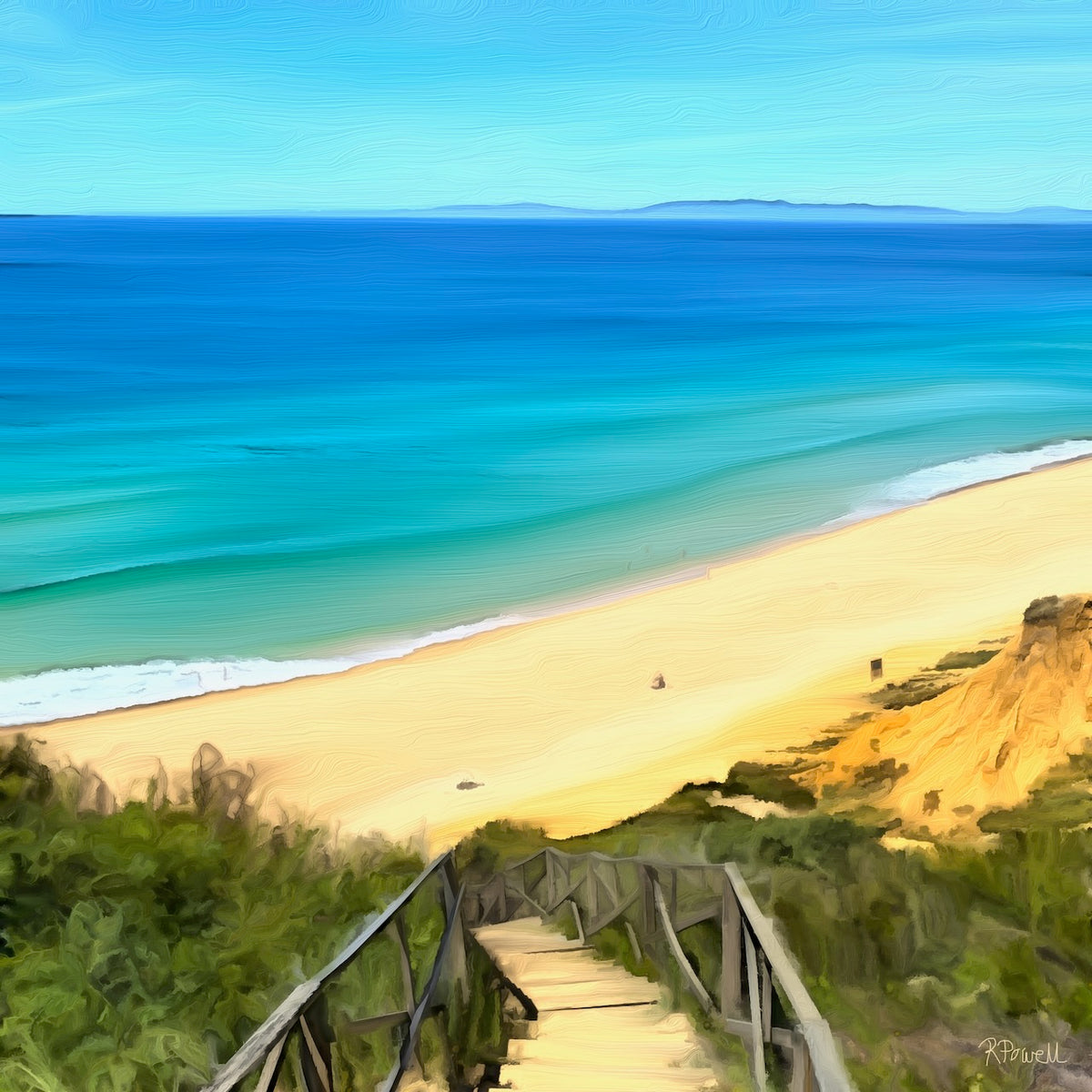 Painting of a beach staircase leading down through greenery to the golden sand and turquoise waters of Galé Beach near Melides, Portugal, with clear blue sky and distant hills across the water. The following images show the same artwork displayed in different interior settings.