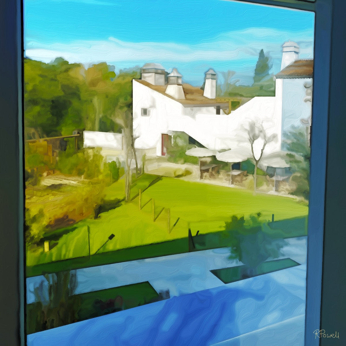 Painting of a sunlit Portuguese courtyard seen through a window, with green grass, bare trees, white buildings, and soft blue sky, evoking a peaceful rural Alentejo scene. The following images show the same artwork displayed in different interior settings.