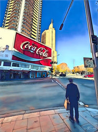 A person stands at a street corner beneath the iconic Coca-Cola sign in Kings Cross, Potts Point, with high-rise buildings and long shadows across the pavement. The following images feature the same artwork in different interior settings.