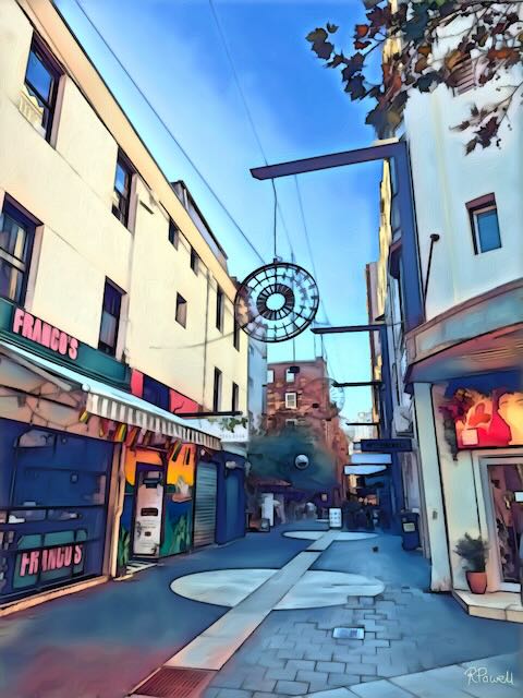 Lankelly Place laneway in Potts Point with early morning light, closed shopfronts including Franco’s, a large sculptural clock suspended overhead, and a quiet, tiled pedestrian path. The following images feature the same artwork in different interior settings.