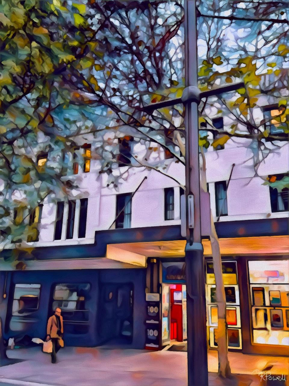 Evening street scene with autumn leaves, a warmly lit shopfront, and a lone figure walking past carrying bags, evoking a quiet, everyday moment. Same image in all following but in assorted interior settings.