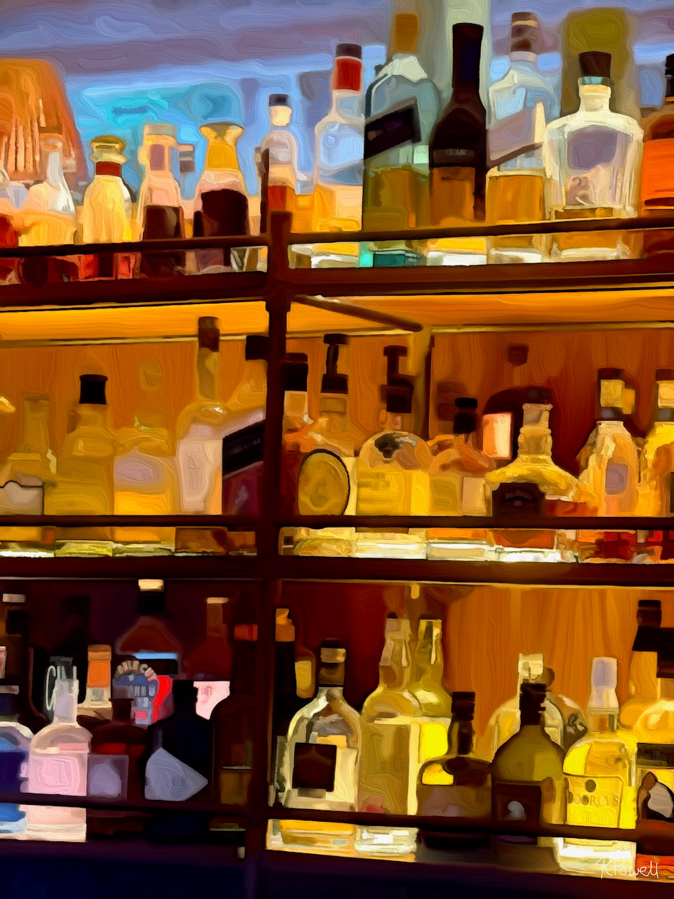 Shelves of glowing liquor bottles in warm light, reflecting the vibrant nightlife and bar culture of Potts Point. Same image in following photos just with different interior views.
