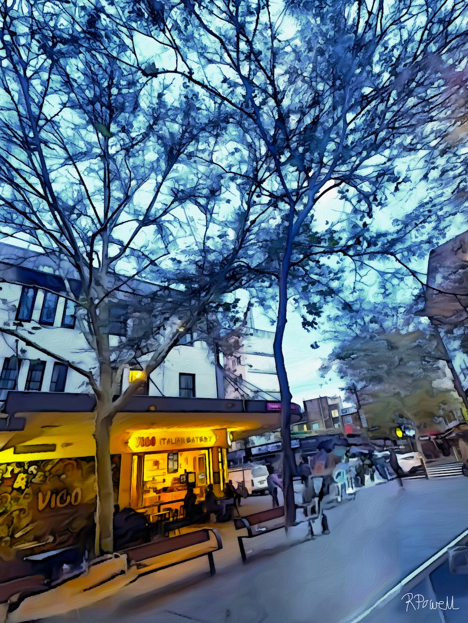 Twilight street scene in Potts Point with glowing café lights, bare winter trees, blurred passersby, and empty benches, capturing a calm Friday evening atmosphere.