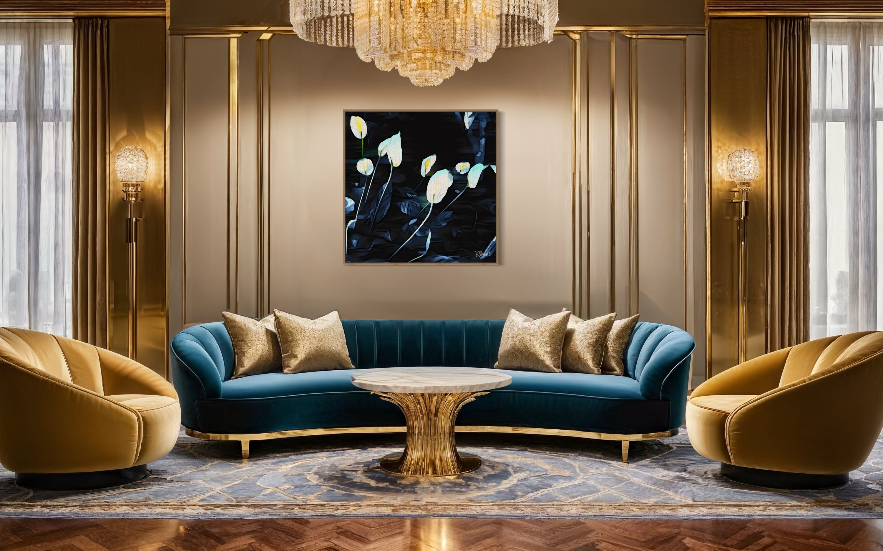 Luxurious Art Deco-inspired lounge with gold accents, velvet seating, and a crystal chandelier. A teal curved sofa and mustard swivel chairs surround a round marble and gold table. On the wall is Rosalie Powell’s Night Lilies—elegant white flowers glowing against a deep, moody backdrop.