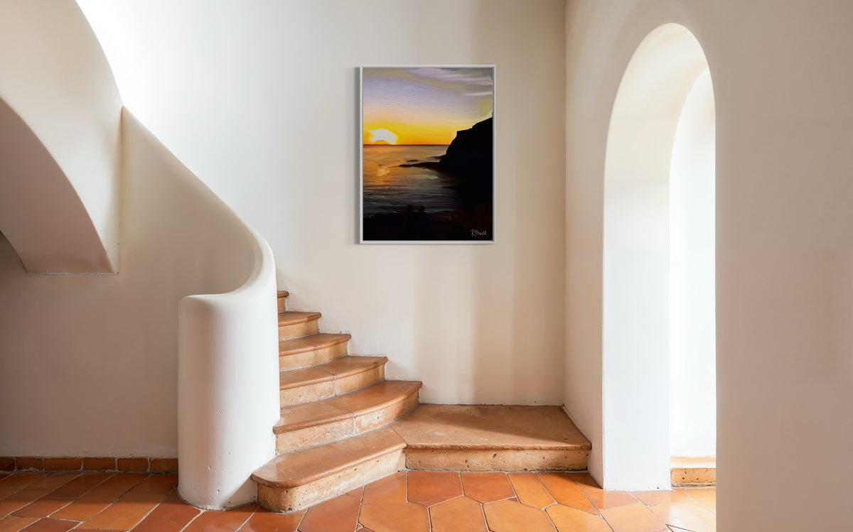 Mediterranean-style stairwell with terracotta tiles, curved plaster walls, and soft natural light. Rosalie Powell’s Sunset at Pollara hangs on the wall, depicting a golden sun dipping behind a coastal cliff, casting reflections across calm water in warm sunset hues.