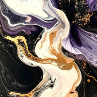 Seahorse Current by Rosalie Powell, contemporary abstract artwork featuring flowing ivory, violet, charcoal and gold forms with a subtle seahorse silhouette emerging within swirling ocean-inspired currents.