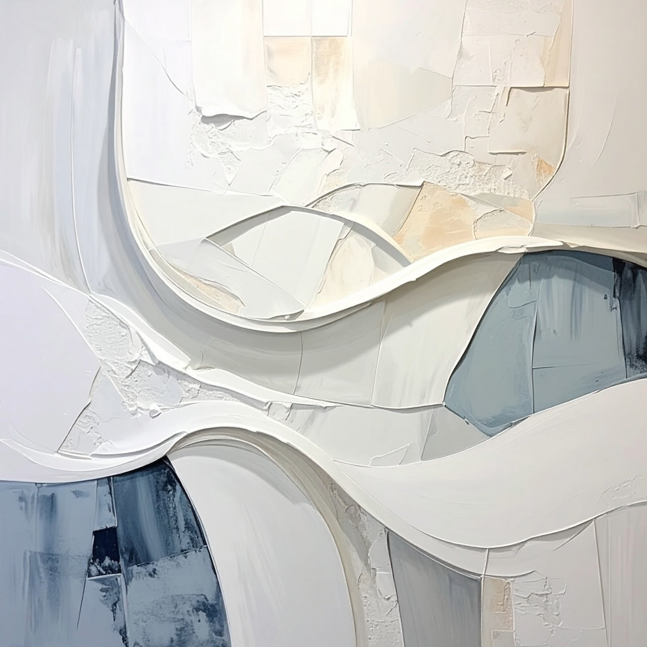Silent Reflection by Rosalie Powell, contemporary abstract artwork featuring layered neutral tones, sculptural forms and a subtle contemplative face emerging within the composition. A refined minimalist artwork designed for modern interiors.