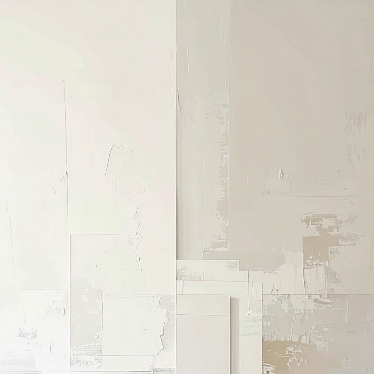 Soft Geometry by Rosalie Powell, contemporary neutral abstract wall art with layered geometric forms, subtle texture and soft architectural shapes in warm ivory and stone tones.