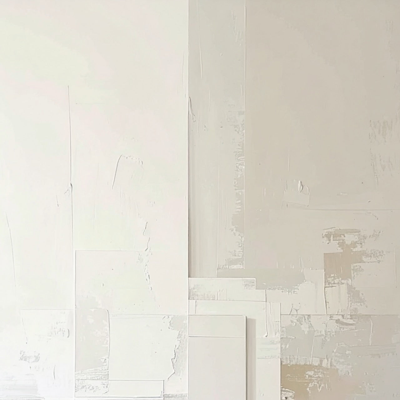 Soft Geometry by Rosalie Powell, contemporary neutral abstract wall art with layered geometric forms, subtle texture and soft architectural shapes in warm ivory and stone tones.