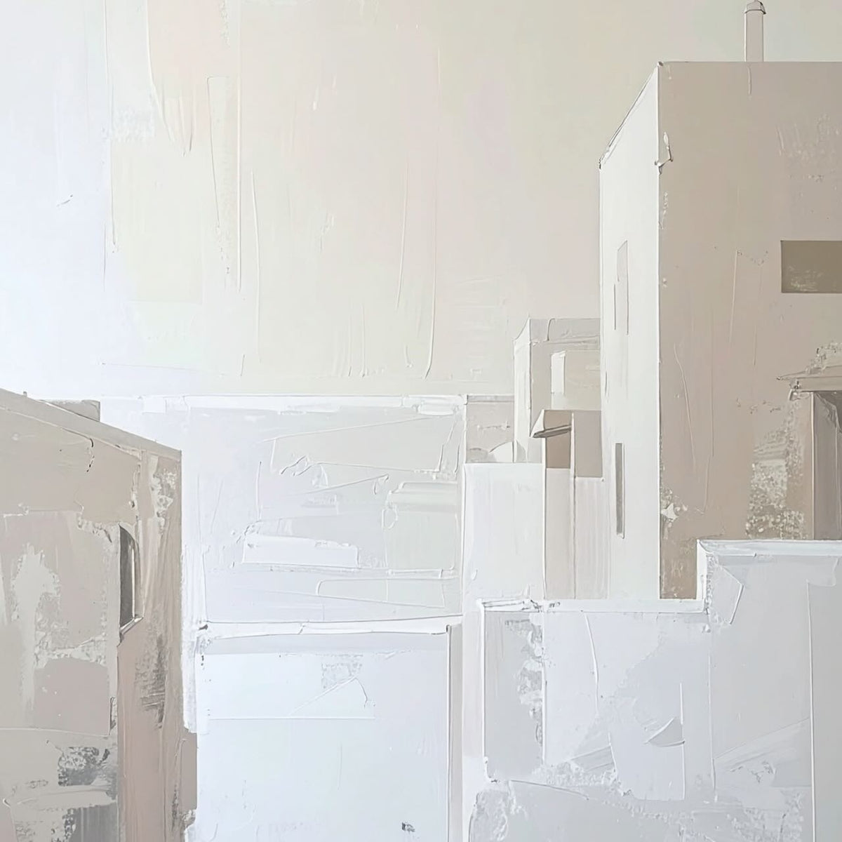 Soft Structures by Rosalie Powell, contemporary abstract artwork featuring layered architectural forms, textured neutral tones and a refined minimalist composition inspired by light and structure.
