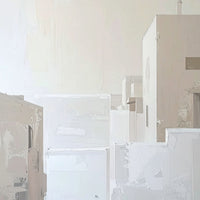 Soft Structures by Rosalie Powell, contemporary abstract artwork featuring layered architectural forms, textured neutral tones and a refined minimalist composition inspired by light and structure.