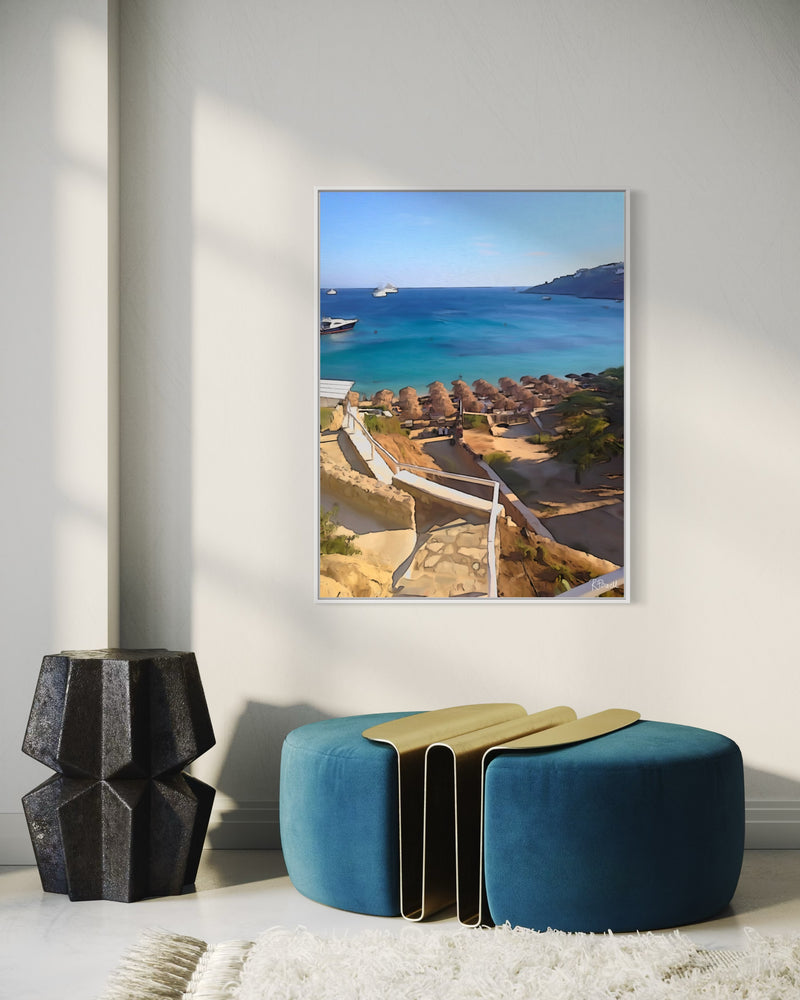 Stone steps leading down to a Mykonos beach with straw umbrellas and boats on the turquoise sea. Artwork by Rosalie Powell.