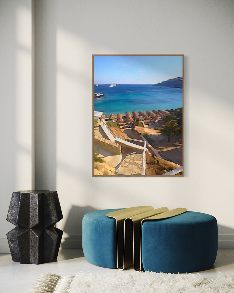 Stone steps leading down to a Mykonos beach with straw umbrellas and boats on the turquoise sea. Artwork by Rosalie Powell.