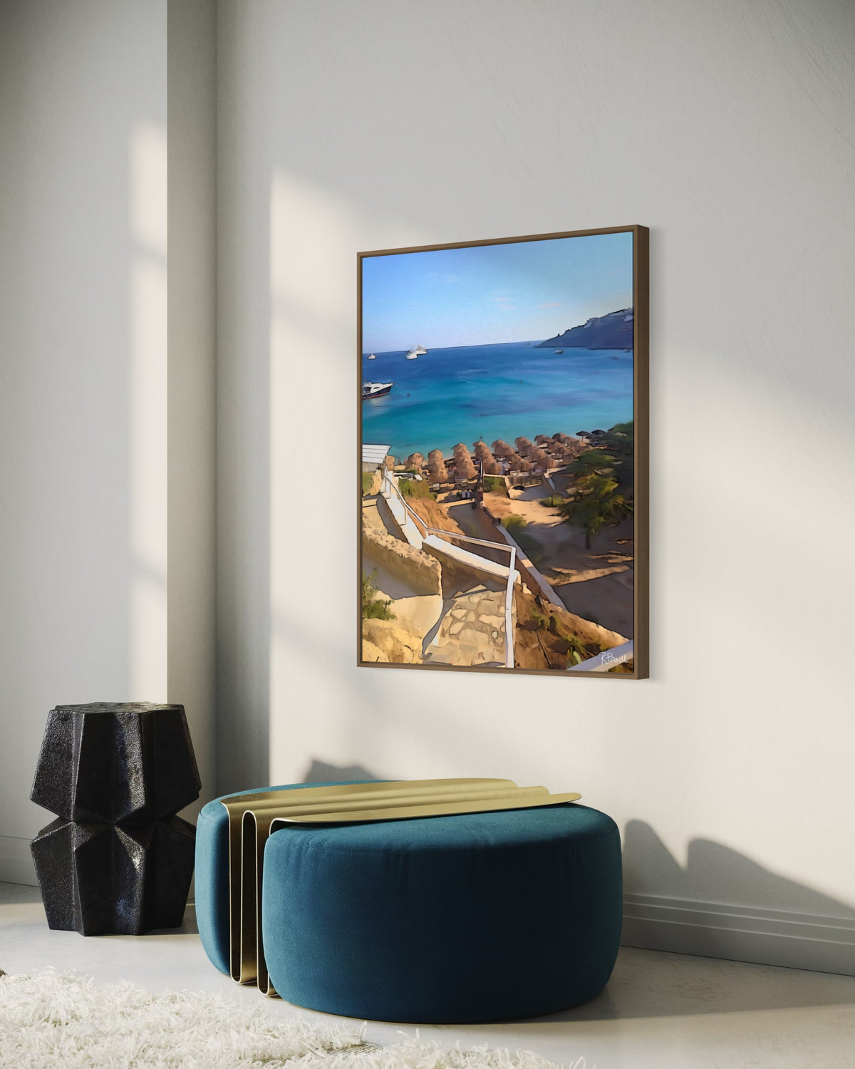 Stone steps leading down to a Mykonos beach with straw umbrellas and boats on the turquoise sea. Artwork by Rosalie Powell.