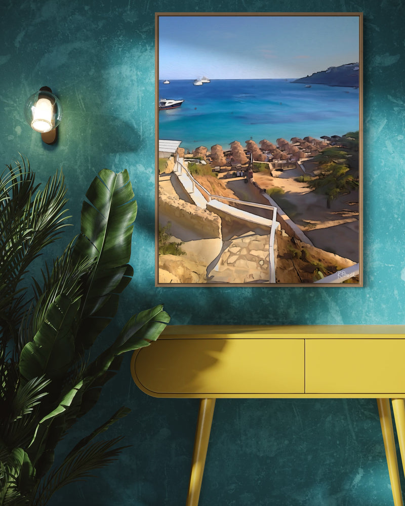 Stone steps leading down to a Mykonos beach with straw umbrellas and boats on the turquoise sea. Artwork by Rosalie Powell.
