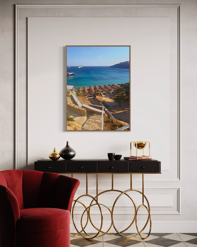 Stone steps leading down to a Mykonos beach with straw umbrellas and boats on the turquoise sea. Artwork by Rosalie Powell.