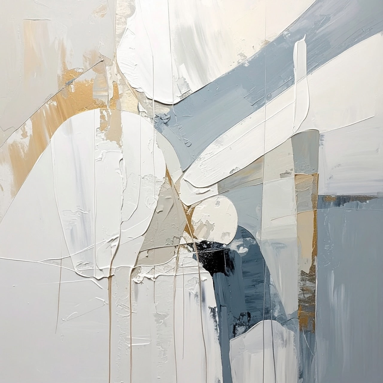 Stone & Sky by Rosalie Powell, contemporary abstract artwork featuring layered stone-toned forms, textured surfaces and soft architectural shapes in a refined neutral palette.
