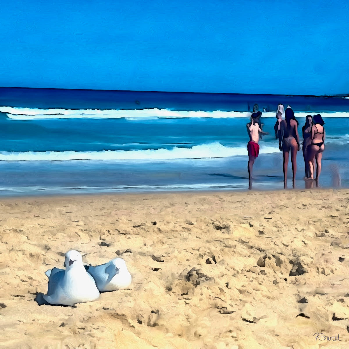 Painting of Bondi Beach with two seagulls sitting in the sand in the foreground and a group of people standing by the shore in the background under a clear blue sky. The following images show the same artwork displayed in different interior settings.