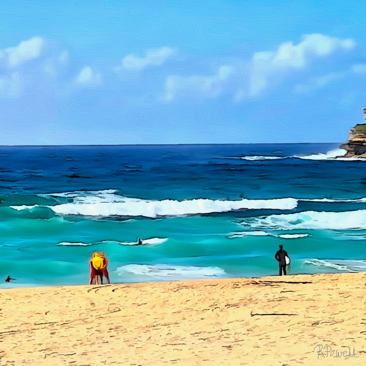 Painting of Bondi Beach in the early morning, showing golden sand, turquoise waves, and a single surfer looking out at the sea. The following images show the same artwork displayed in different interior settings.