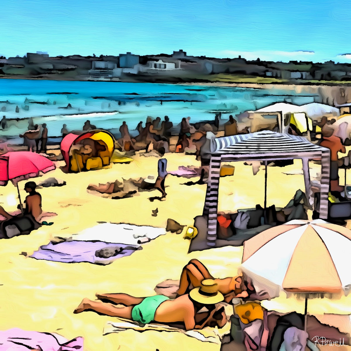 Painting of a crowded summer day at Bondi Beach with people sunbathing, beach tents, colourful umbrellas, and swimmers in the water under a bright blue sky. The following images show the same artwork displayed in different interior settings.