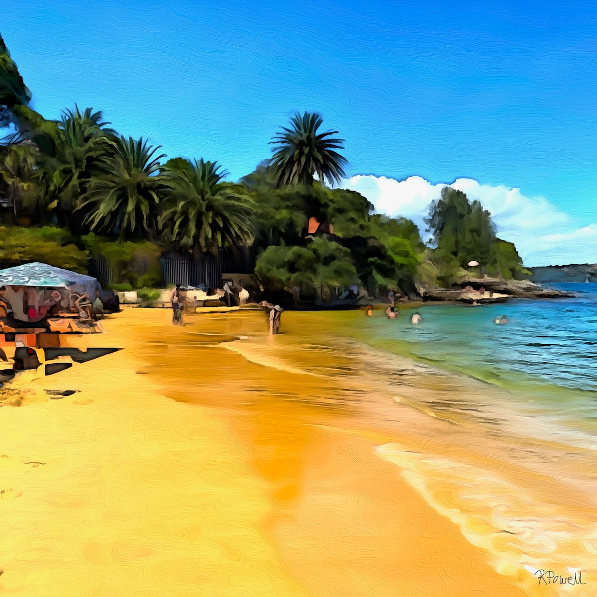 Painting of Camp Cove Beach on a sunny morning, with golden sand, turquoise water, palm trees, and people swimming and relaxing near beach umbrellas. The following images show the same artwork displayed in different interior settings.