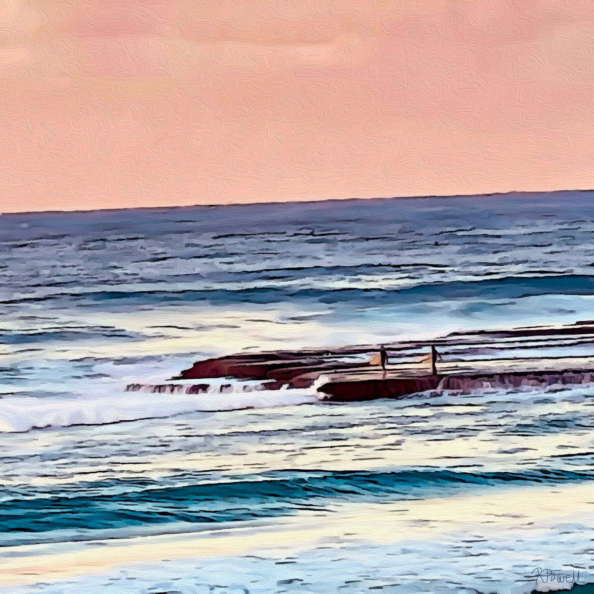 Painting of two surfers standing on a rocky reef at Mollymook Beach during sunset, with soft waves and a peach-toned sky in the background. The following images show the same artwork displayed in different interior settings.