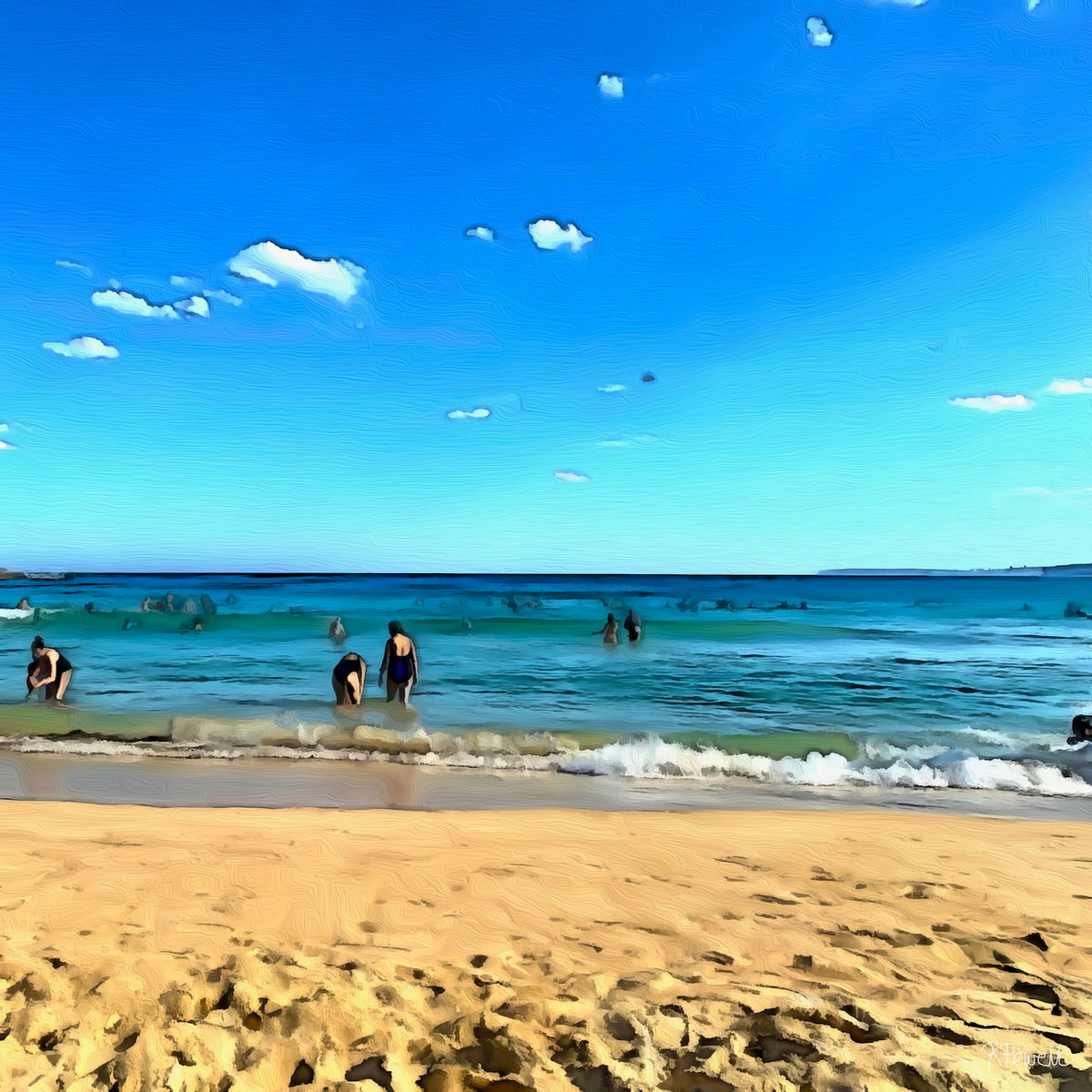 Painting of Bondi Beach in the late afternoon, with soft waves, golden sand, and beachgoers wading in the water under a clear blue sky. The following images show the same artwork displayed in different interior settings.