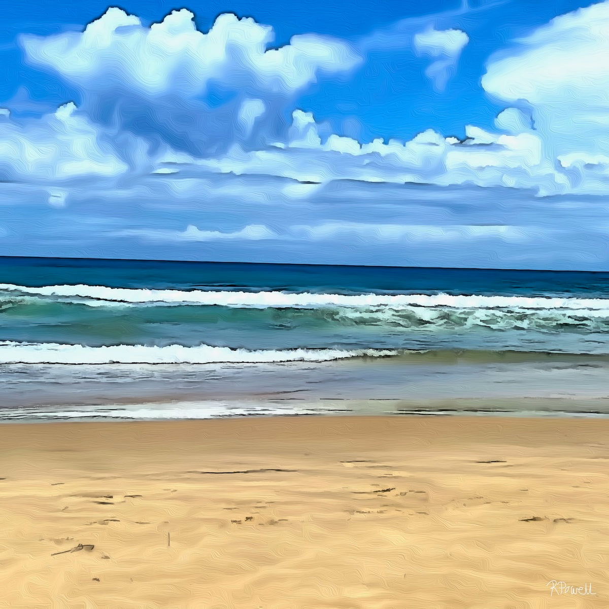 Painting of Maroochydore Beach on a sunny day, featuring soft waves, golden sand, and a bright blue sky filled with cumulus clouds. The following images show the same artwork displayed in different interior settings.