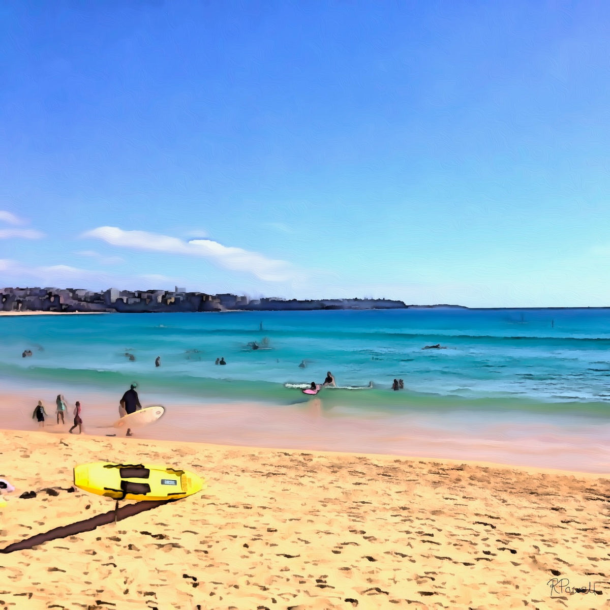Painting of Manly Beach in the morning, with swimmers and surfers in turquoise water, golden sand in the foreground, and a bright blue sky above. The following images show the same artwork displayed in different interior settings.