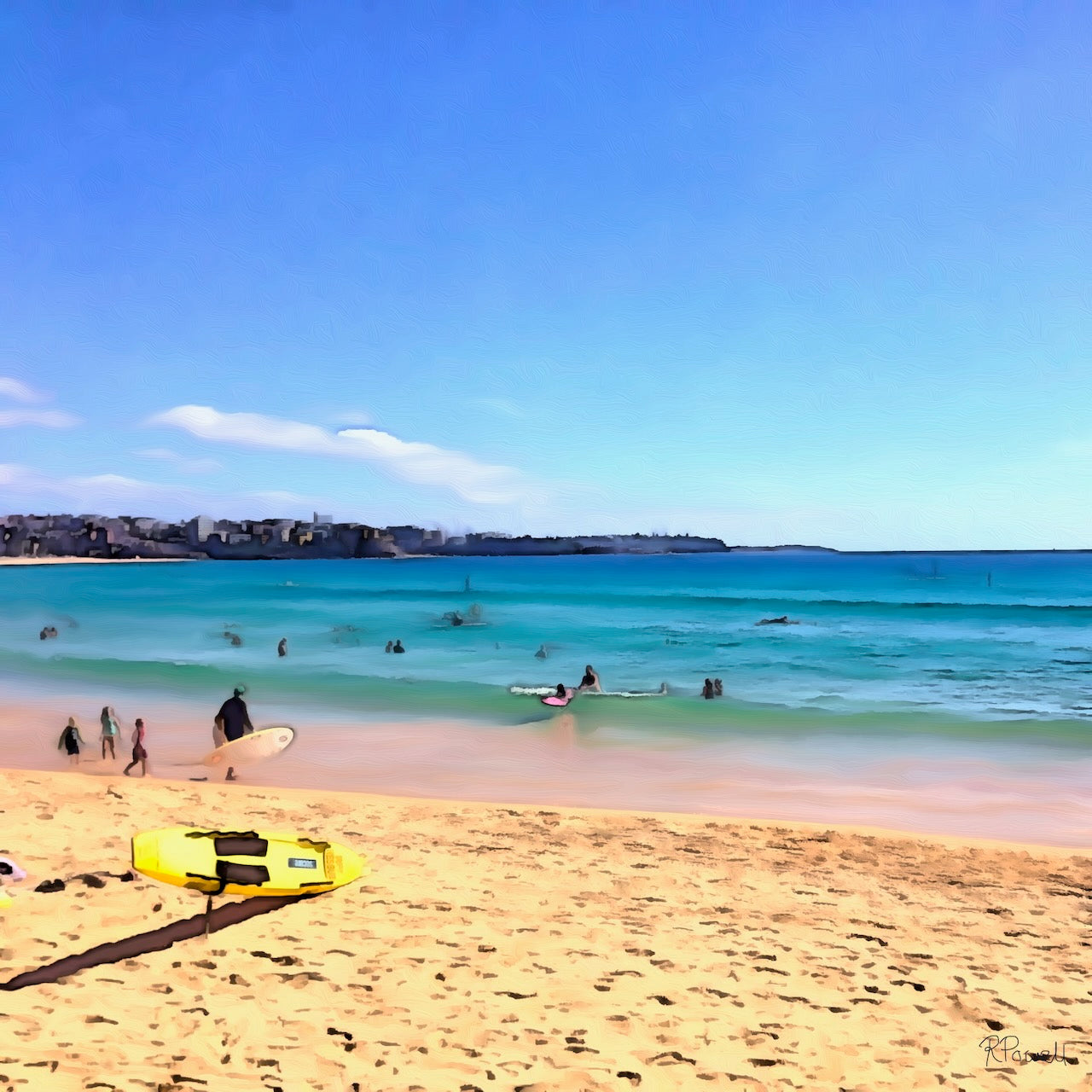Painting of Manly Beach in the morning, with swimmers and surfers in turquoise water, golden sand in the foreground, and a bright blue sky above. The following images show the same artwork displayed in different interior settings.