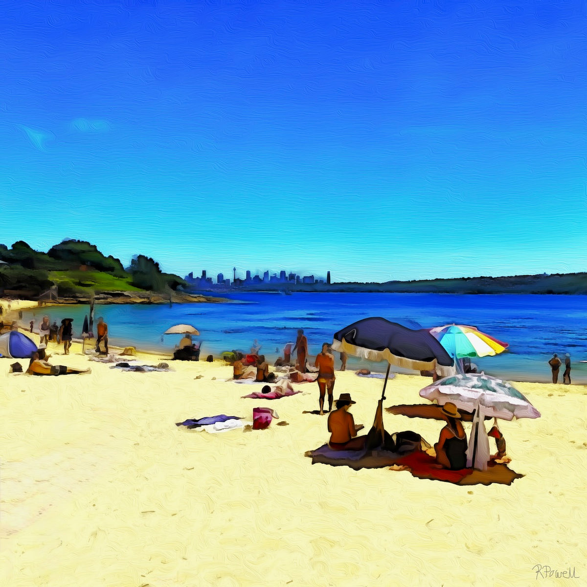 Painting of a busy summer afternoon at Camp Cove Beach with colourful umbrellas, people relaxing on the sand, and swimmers in the calm blue water. The Sydney skyline is visible on the horizon. The following images show the same artwork displayed in different interior settings.